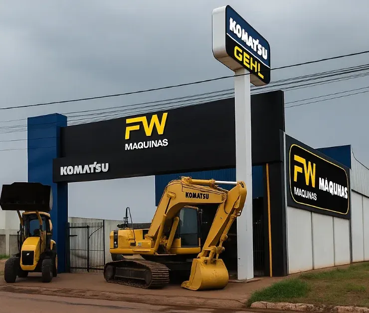 Fachada da filial de Luís Eduardo Magalhães, com uma escavadeira Komatsu e uma retroescavadeira no pátio.